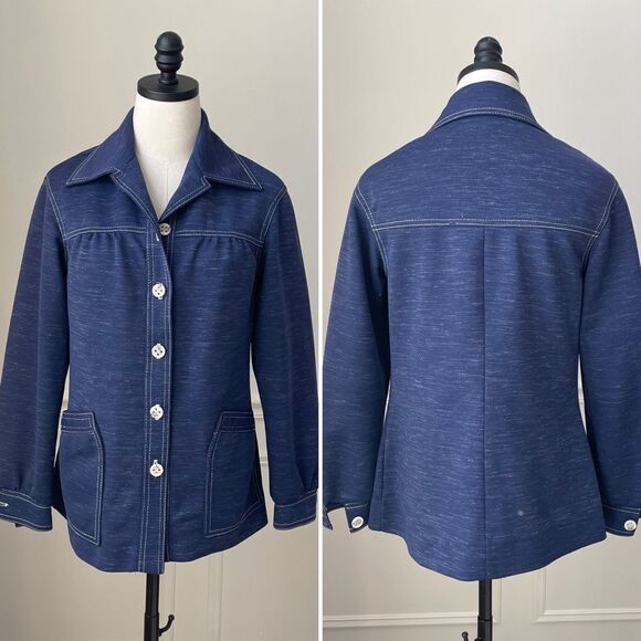 Vintage 70s Leisure Suit Button Jacket Dagger Pointed Collar Blue White S - Picture 1 of 9